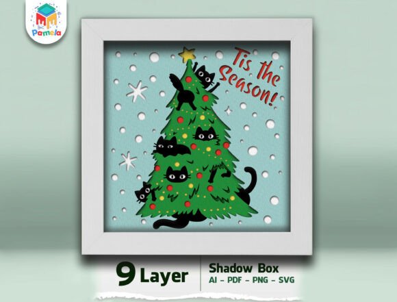 Black Cat Christmas Tree Shadow Box SVG