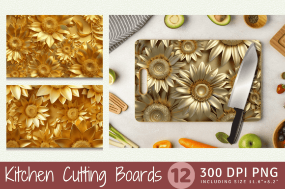 Gold 3D Sunflowers Cutting Boards Sublim: Elevating Kitchen Aesthetics and Print-on-Demand Potential