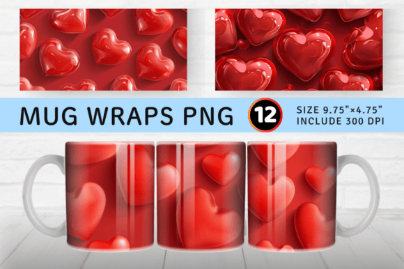 Red 3D Hearts Mug Wrap Design Guide