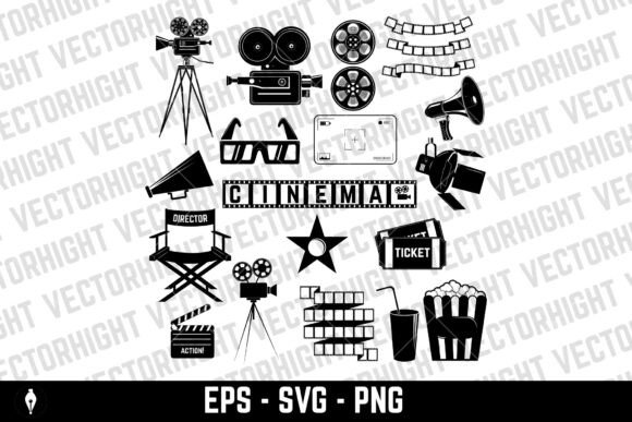 Set of Cinema Icons: Directors Chair and Essential Film Assets